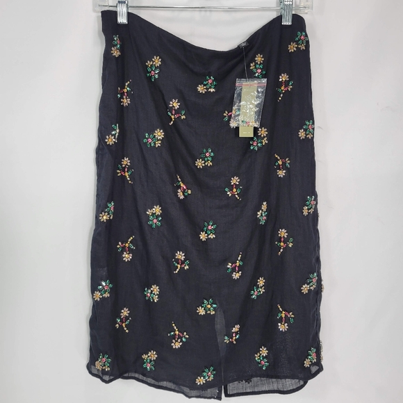 J Crew Collection embellished knee-length skirt in ramie CL667 NWT Black Floral - Picture 5 of 11